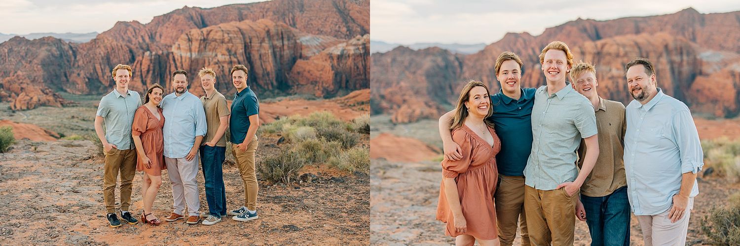 Group portrait with majestic red canyon walls and desert scenery in the background.
