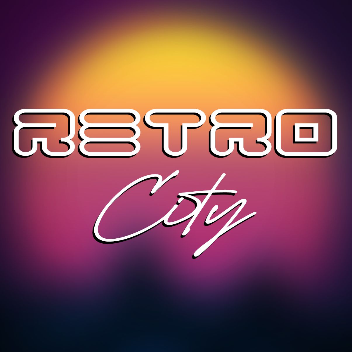 Retro-style text 'RETRO CITY' with neon outline effect against a sunset gradient background.