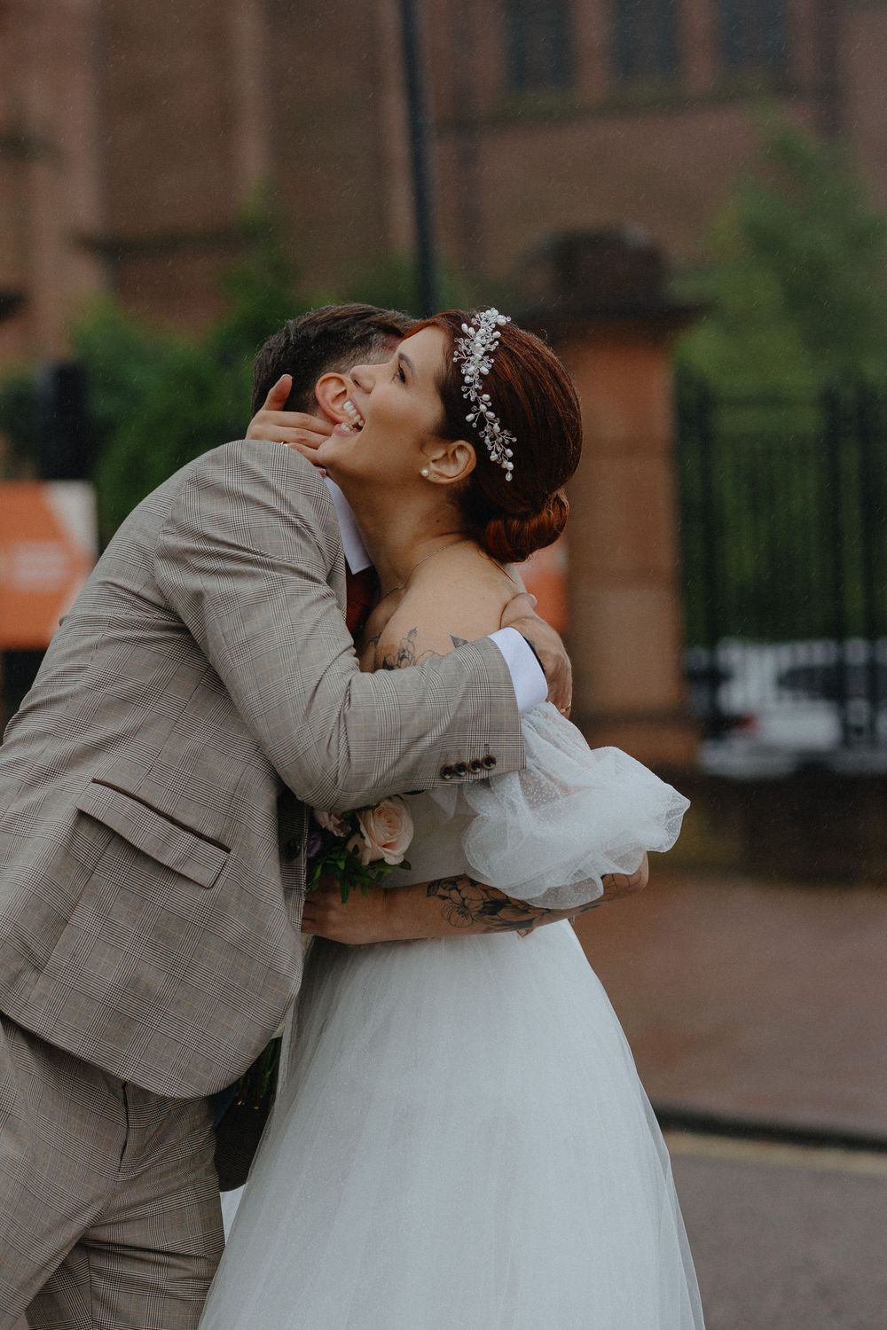 A romantic sequence of photos showing a couple in wedding attire sharing intimate moments outdoors.