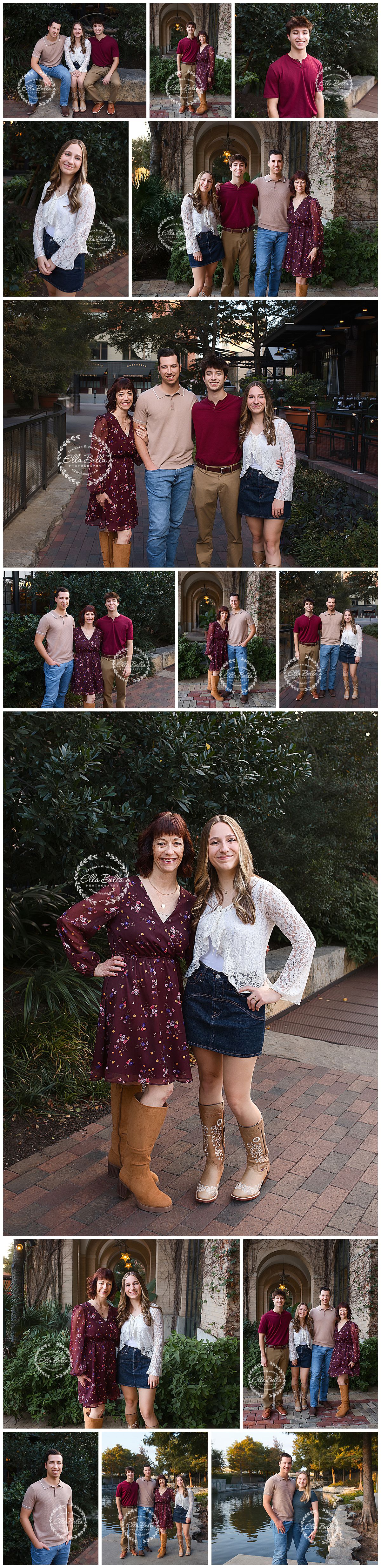 A collection of casual outdoor portraits featuring coordinated outfits in burgundy, beige and denim against brick walls and greenery.