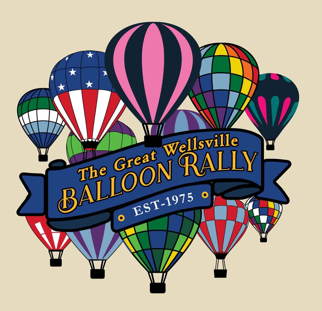 Colorful hot air balloons fill the sky above a banner reading The Great Wellsville Balloon Rally Est. 1975.