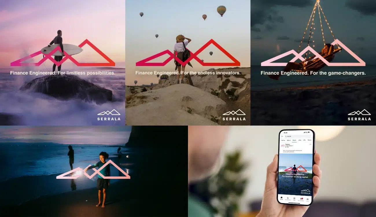 Reddalk brand collage showing mountain logo variations with Finance Engineering tagline across five colorful lifestyle scenes.