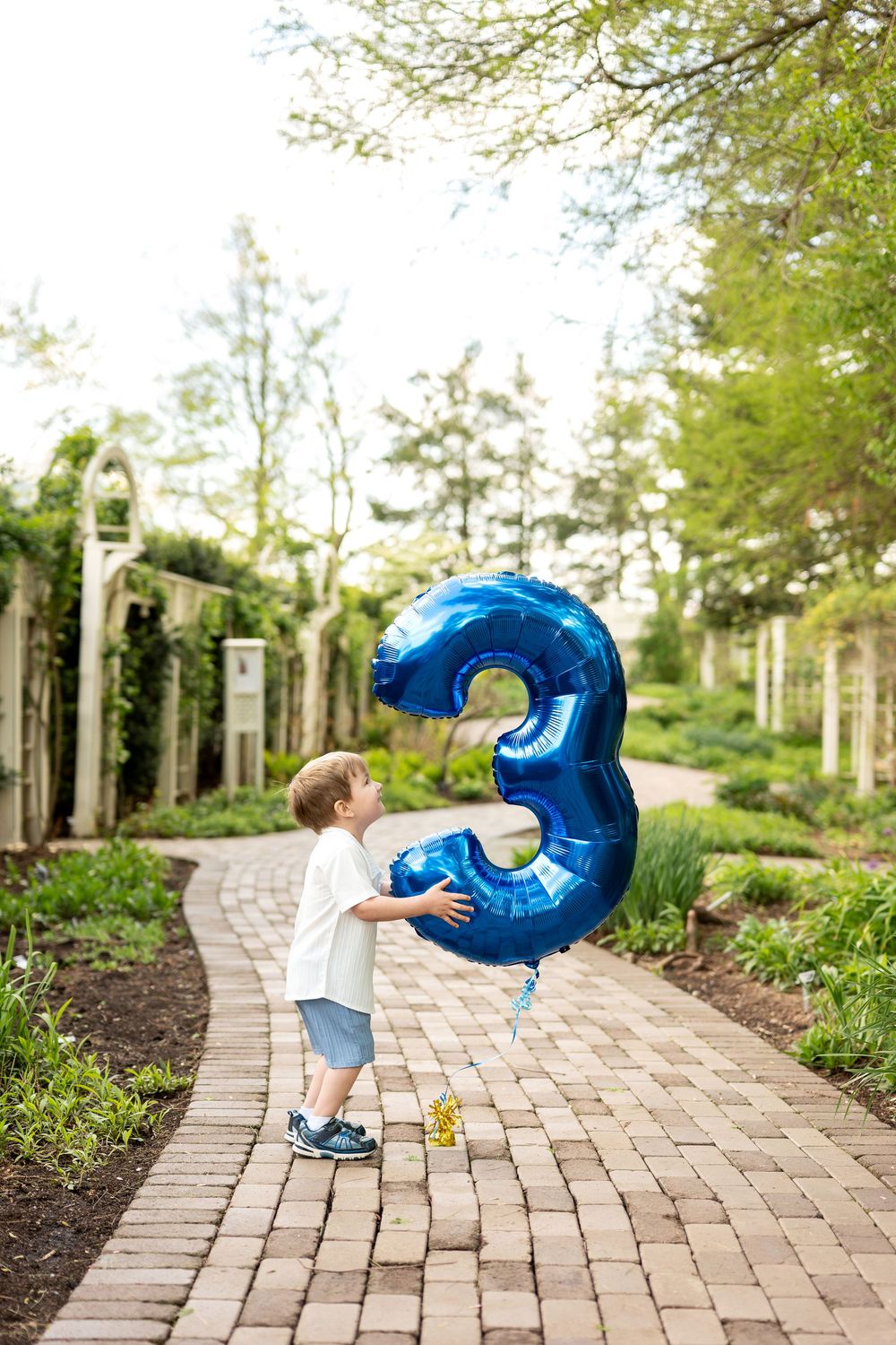 Young boy with blue number 3 balloon on brick garden walkway.