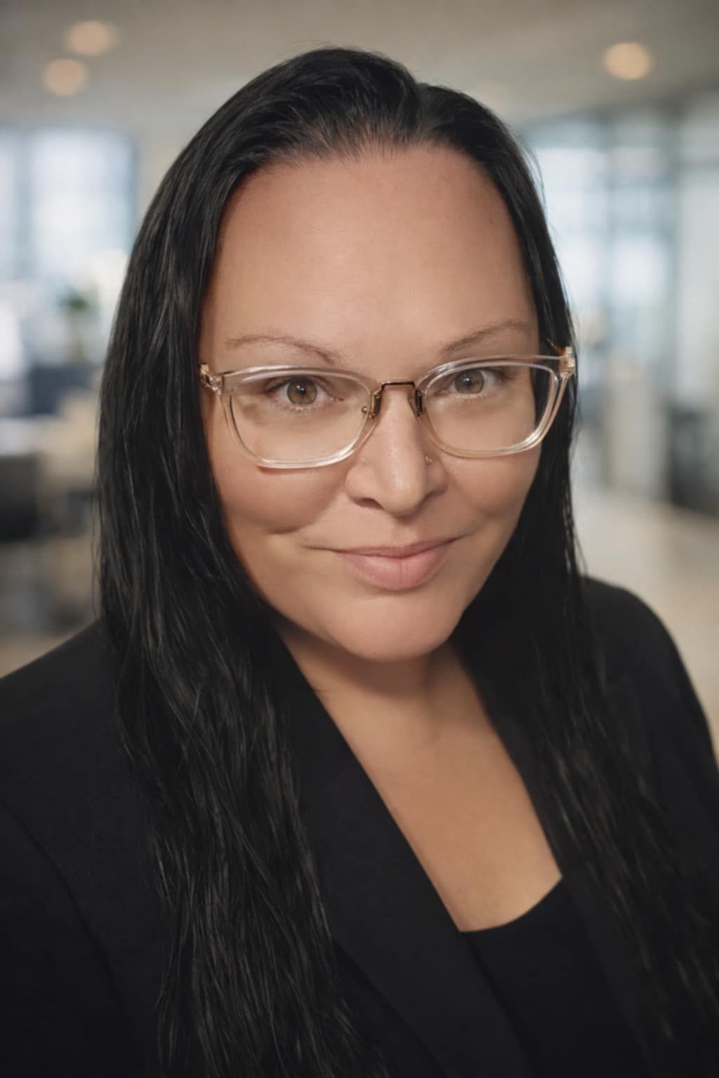 Professional woman with long black hair and glasses wearing a black blazer in a modern office setting.