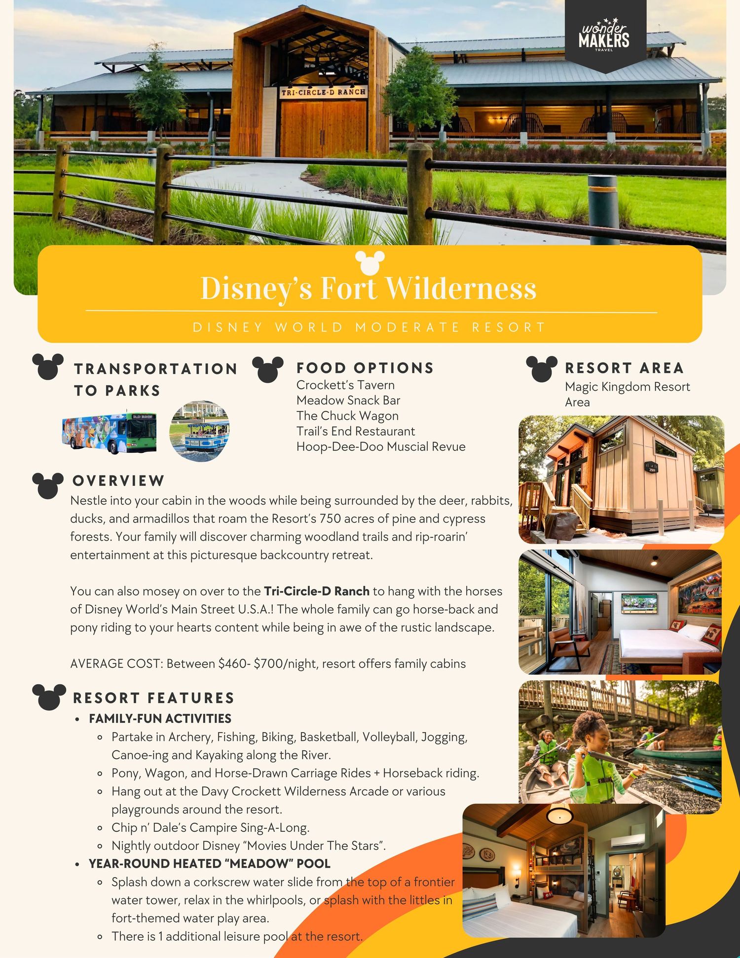 Informational guide showing amenities and features of Disney's Fort Wilderness resort.