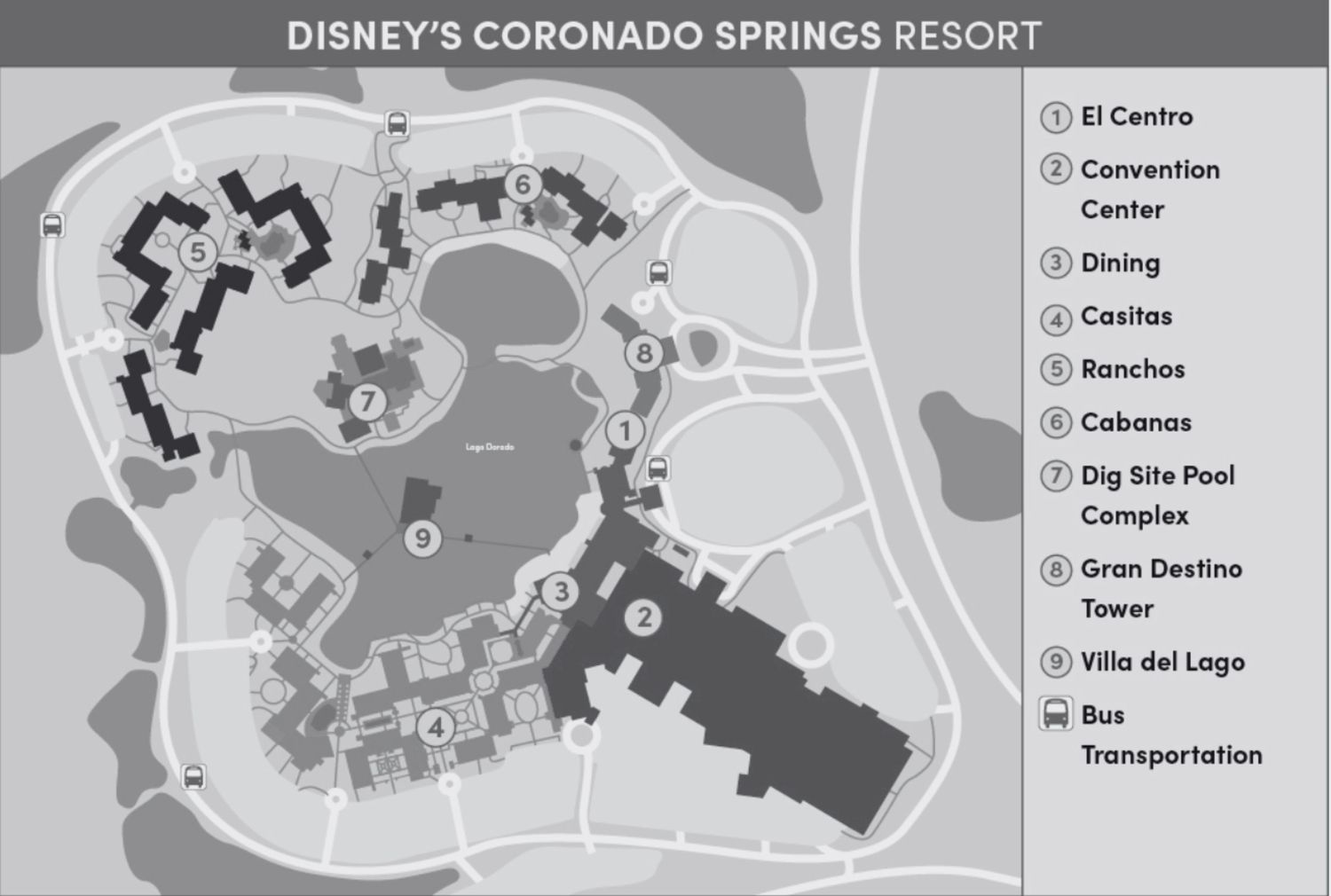 Aerial map layout of Disney's Coronado Springs Resort showing various amenities and building locations.