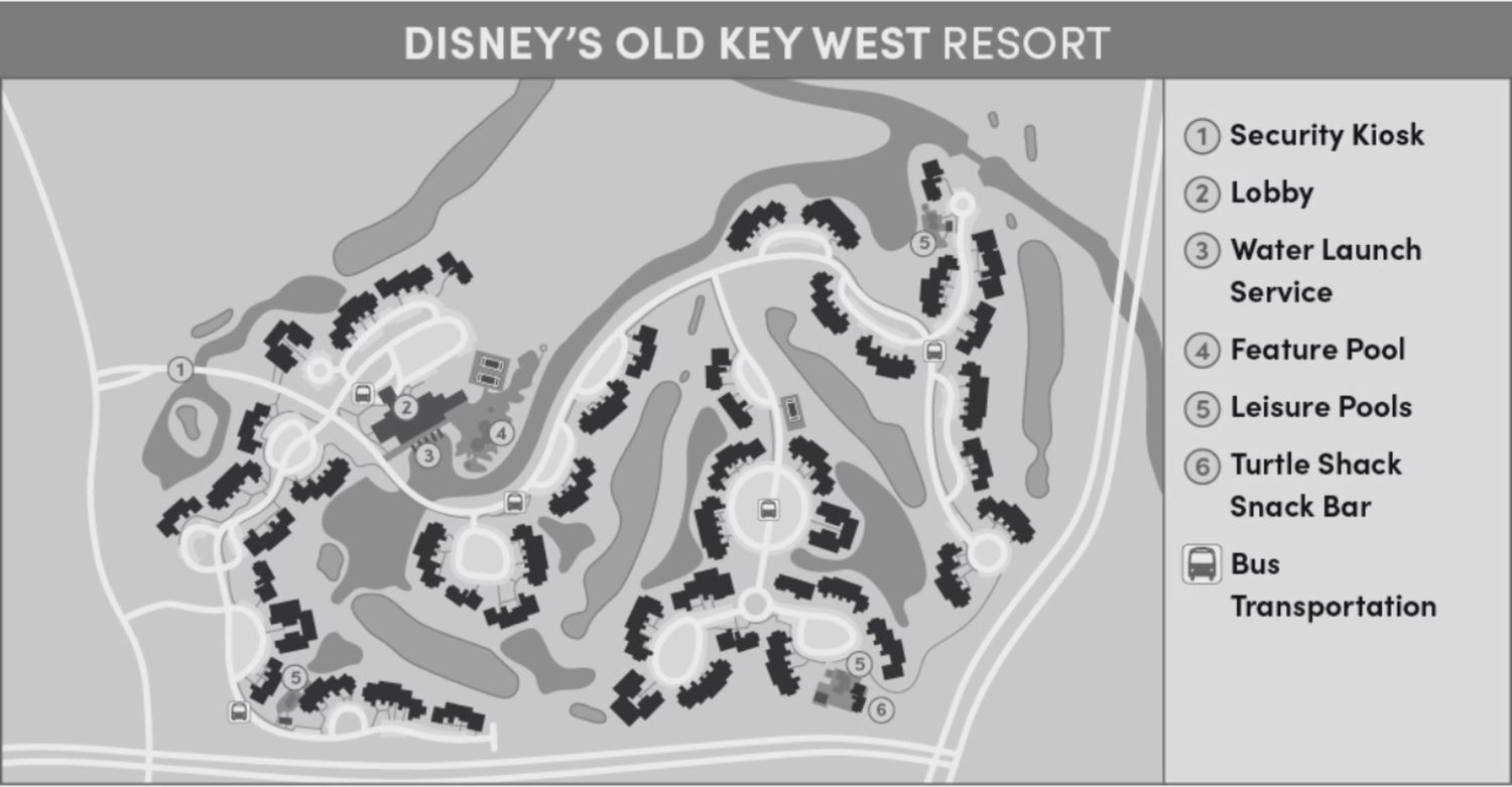Grayscale map layout of Disney's Old Key West Resort showing various amenities and facilities.