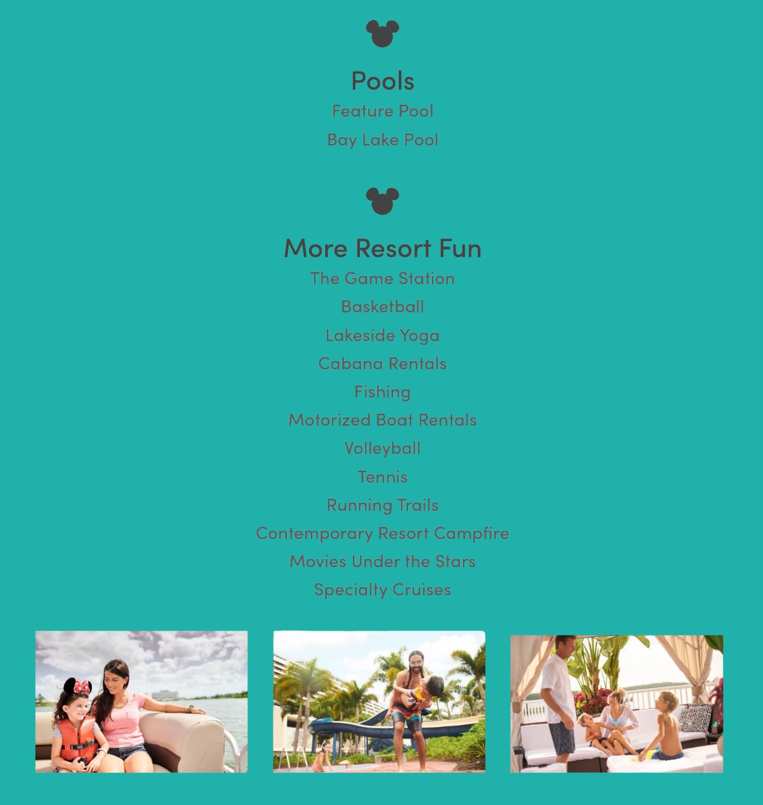 Marketing menu showing resort pool amenities and activities with lifestyle photos.