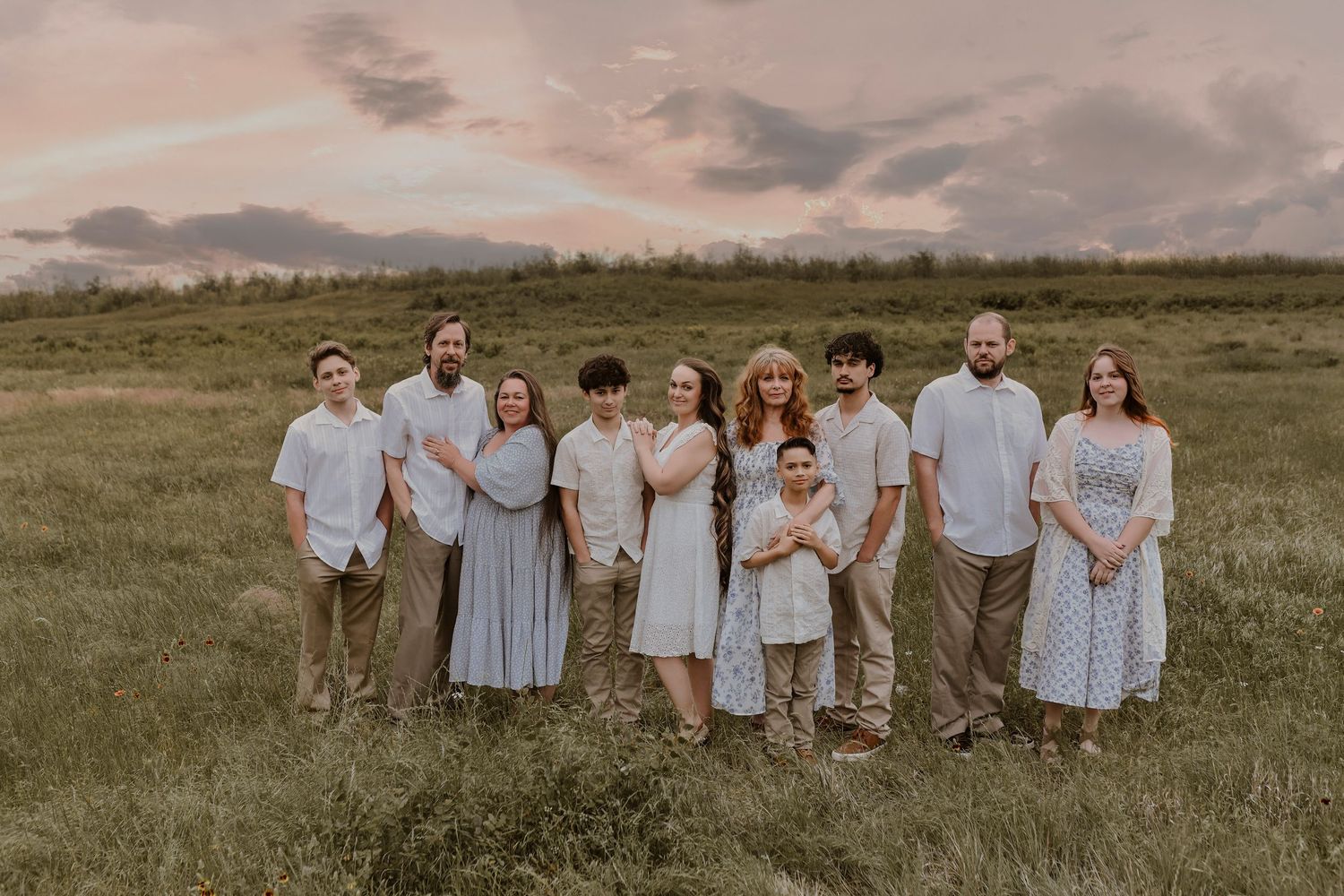 Large family portrait session at Arbor Hills Nature Preserve with grandparents, siblings, and grandchildren