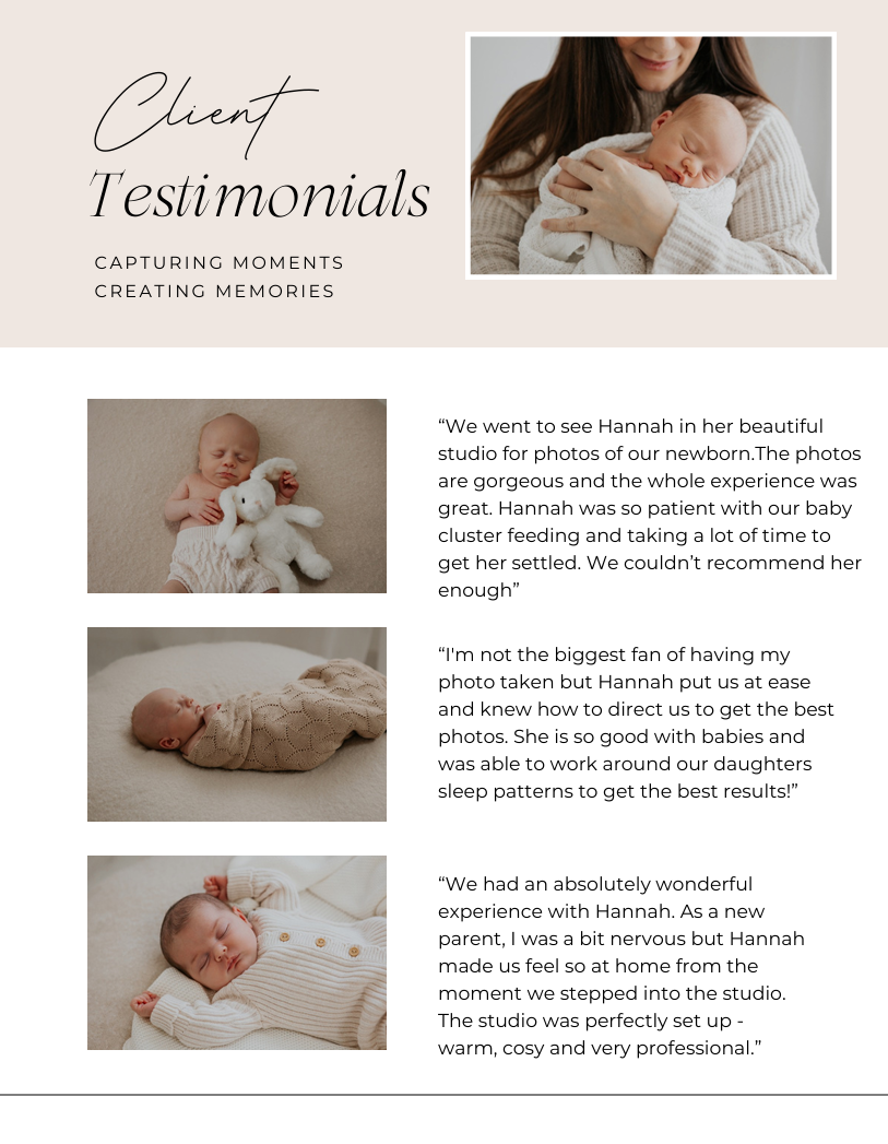 A newborn photography studio client testimonials page for the best Cornwall New Born Photographer in Cornwall