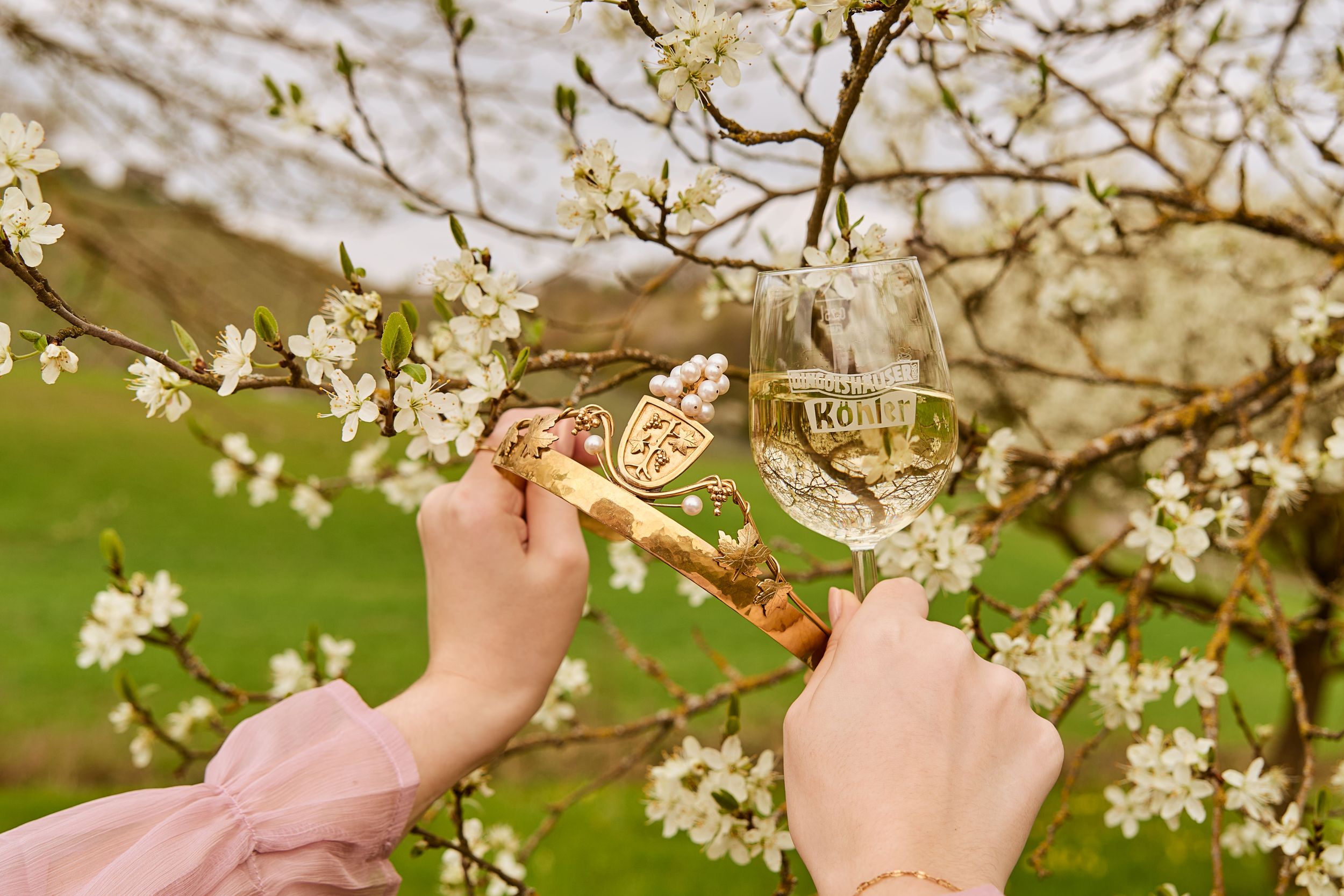 Two hands toasting with wine glasses among white cherry blossoms in a lush green spring garden.