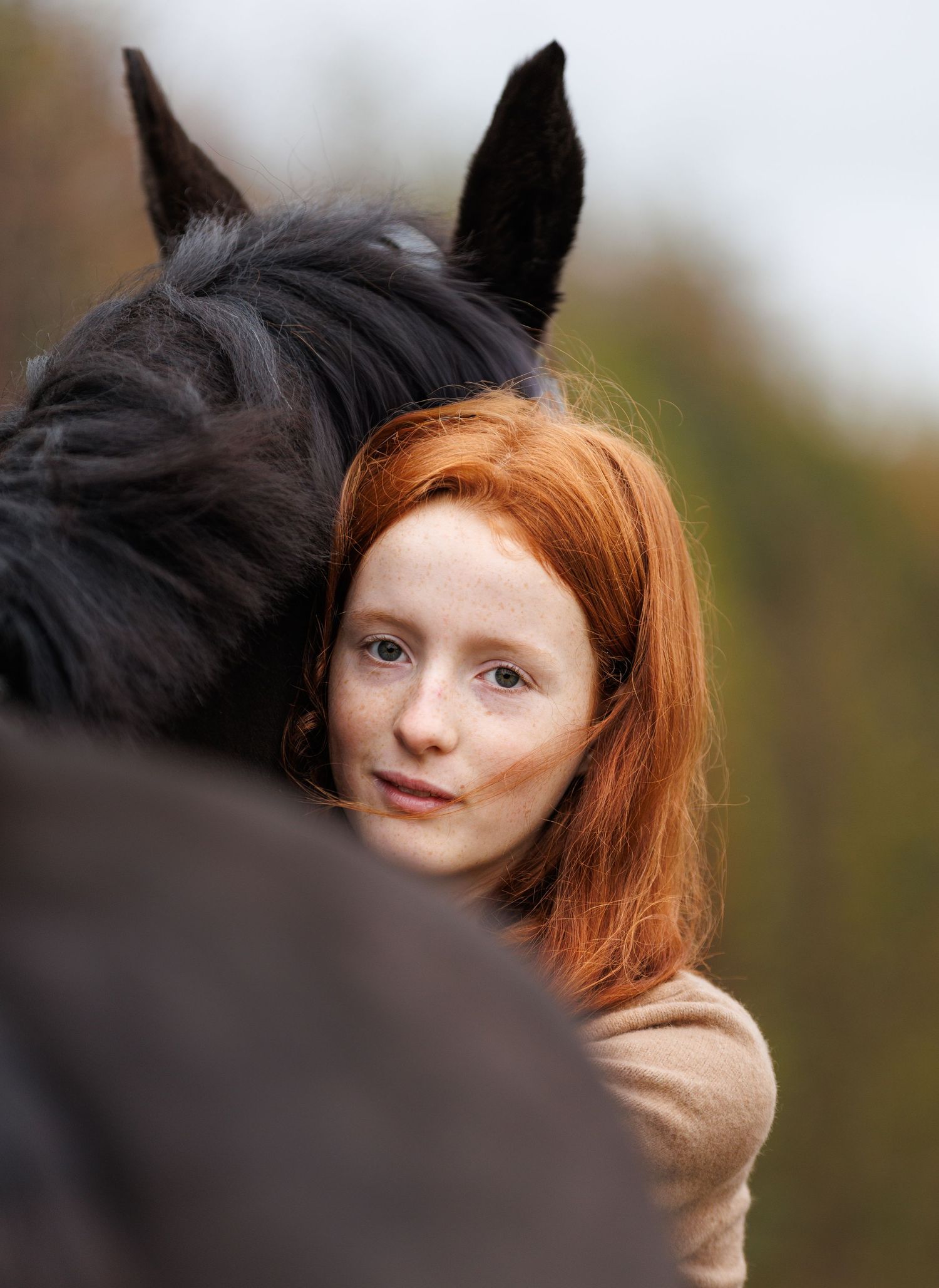 A sequence of photos shows a person with vibrant red hair peeking out from behind a black horse's neck.