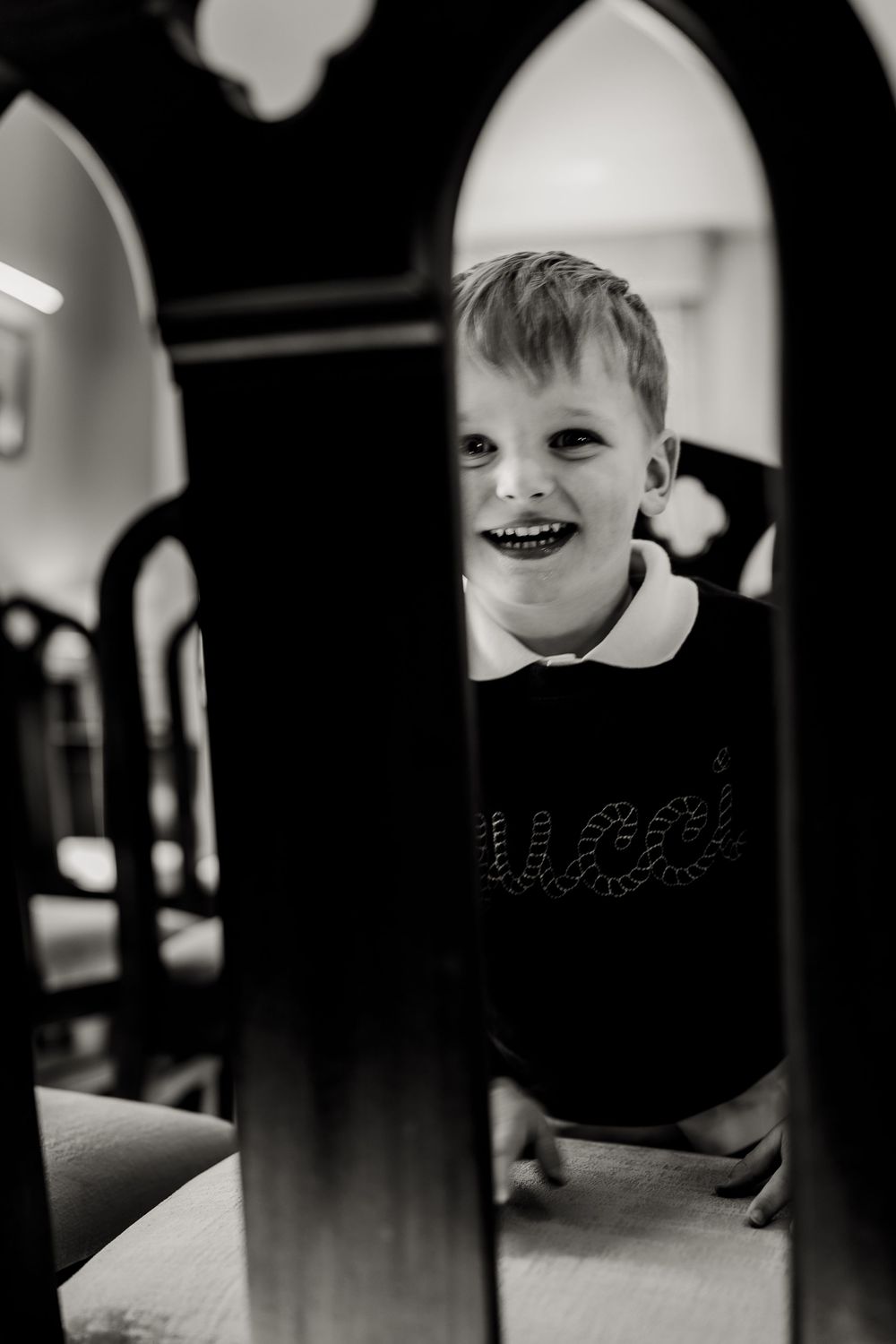 Artistic black and white portrait series showing close-up expressions through architectural frames.