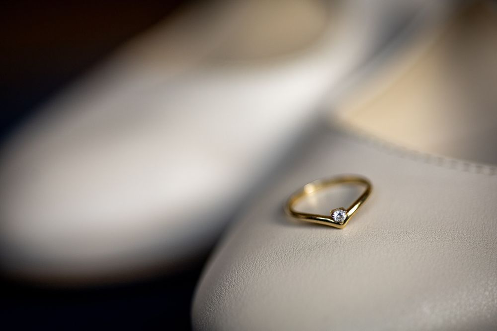 Close-up detail shot of wedding ring with soft focus background.