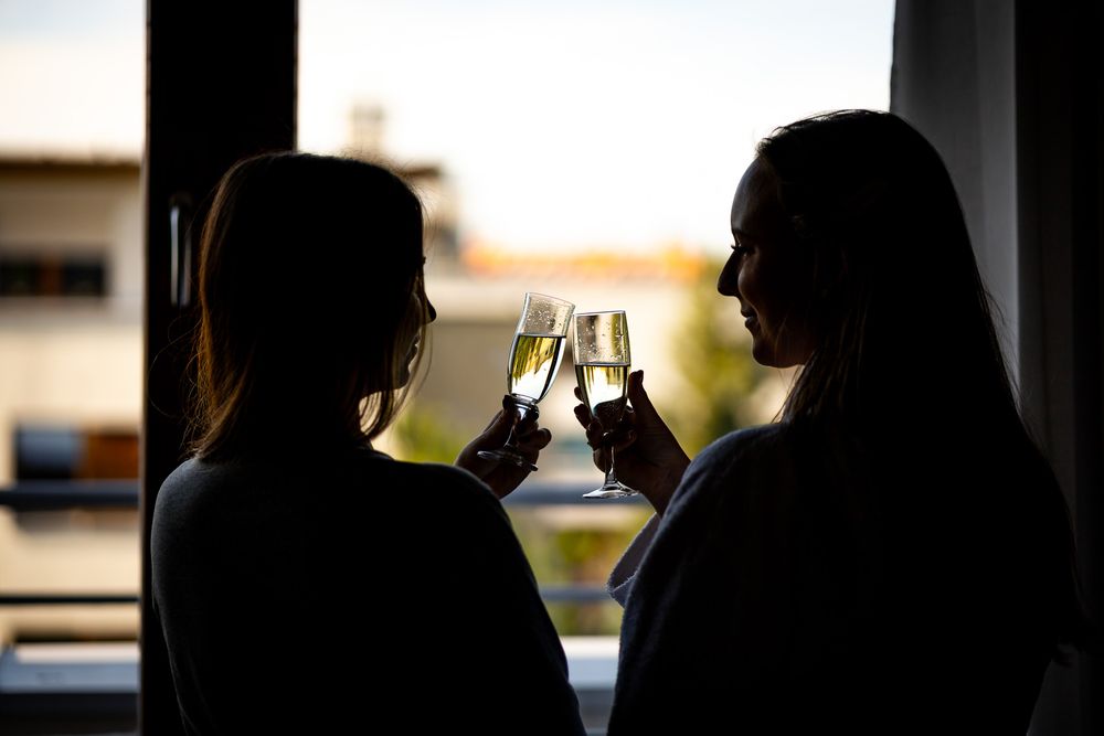 Silhouettes toasting with champagne glasses against window light.