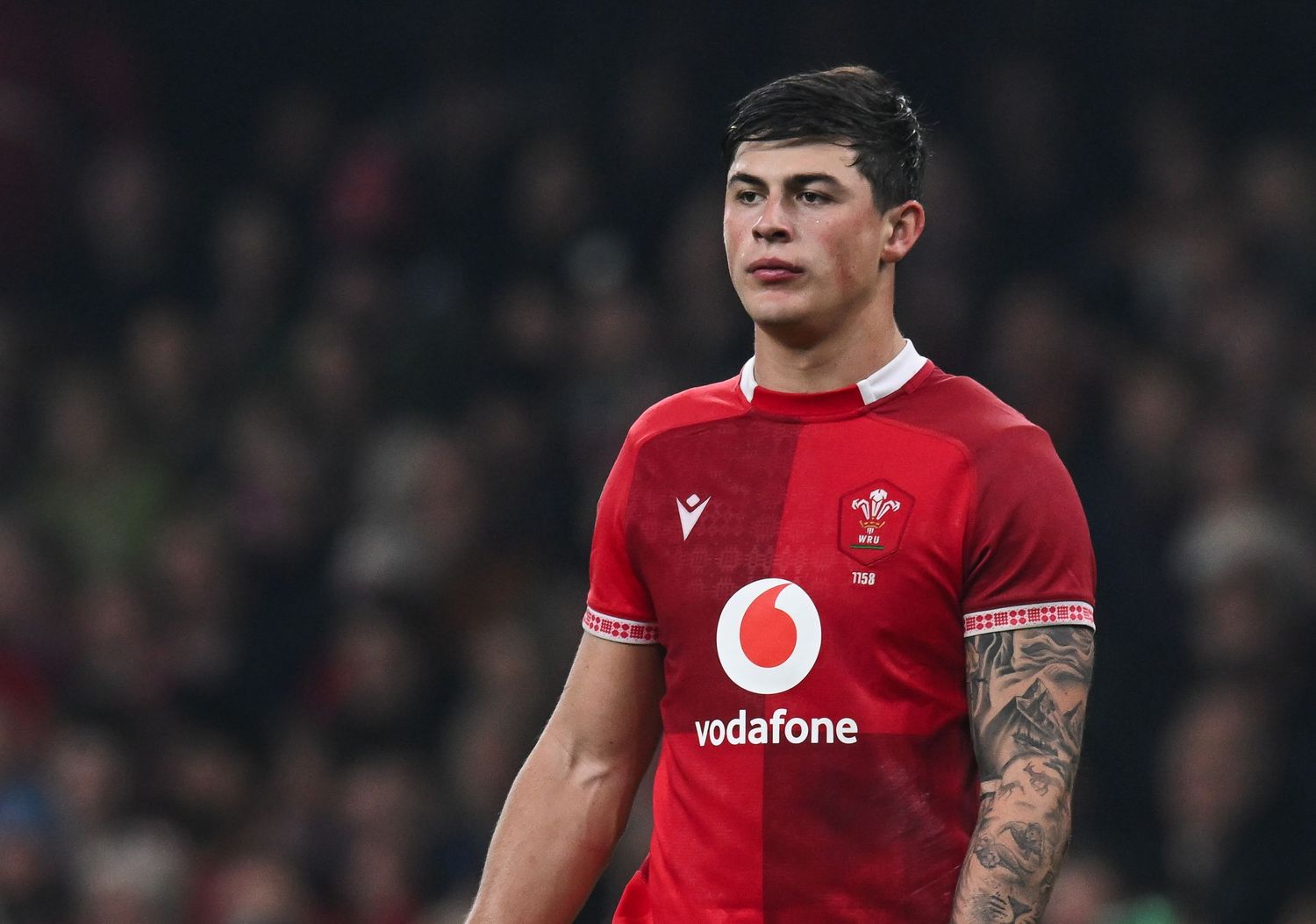 Welsh rugby player in red jersey makes a powerful run with the ball during an international match.