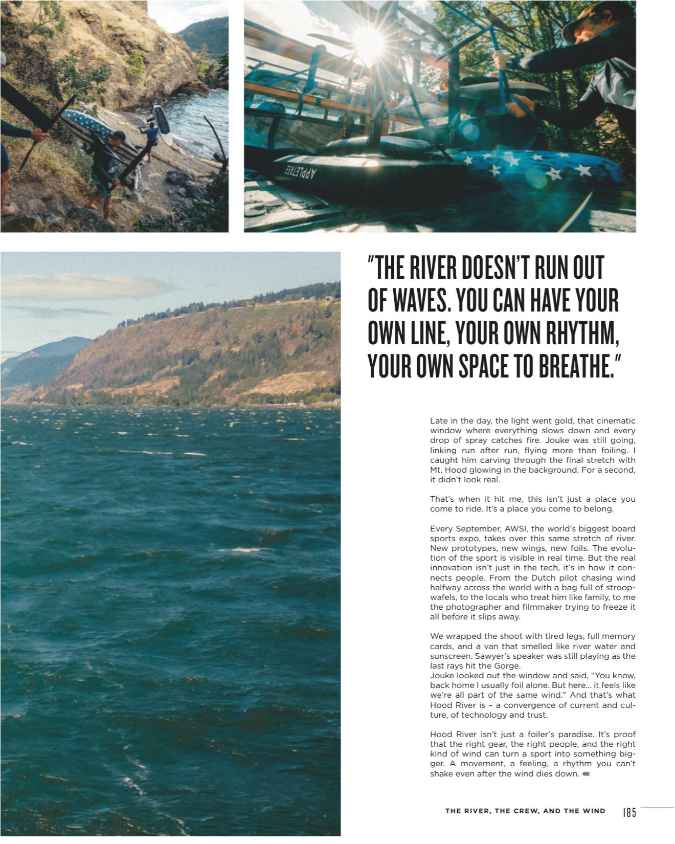 A magazine spread featuring outdoor adventure photos of rock climbing and water sports alongside an inspirational quote about rivers.
