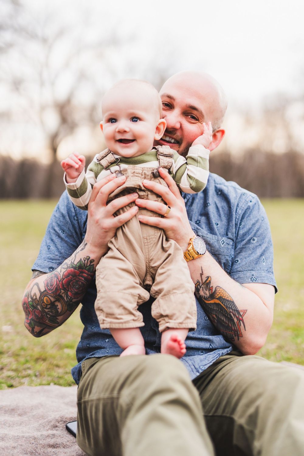 Playful sequence of a parent and baby sharing joyful moments together on a sunny day outdoors.