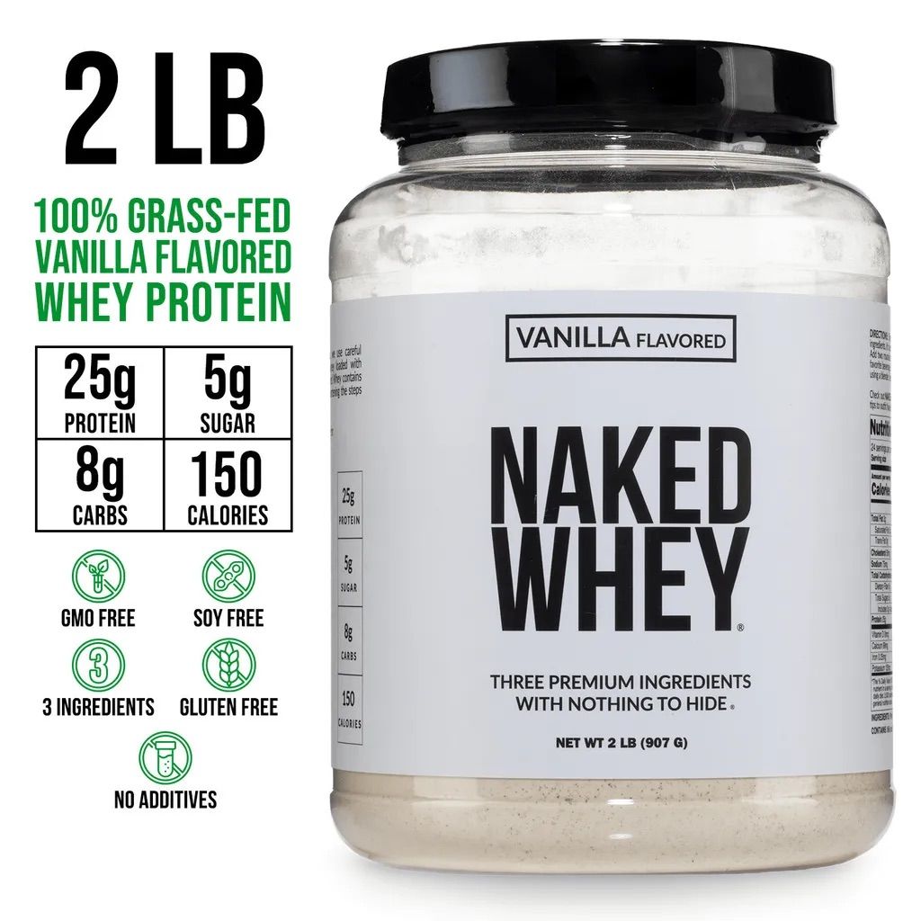 A jar of Naked Whey vanilla flavored grass-fed protein powder with 25g protein per serving displayed on white background.