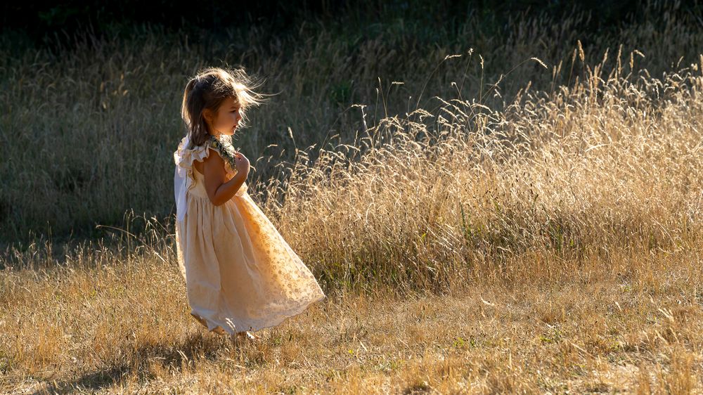 A person in a flowing dress walks through a sun-drenched field of tall golden grass at sunset.