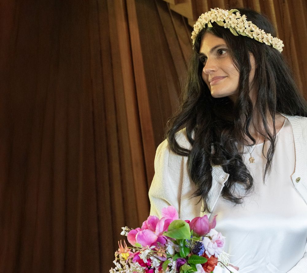 Bridal portraits showing a woman in white with a floral crown and pink bouquet.