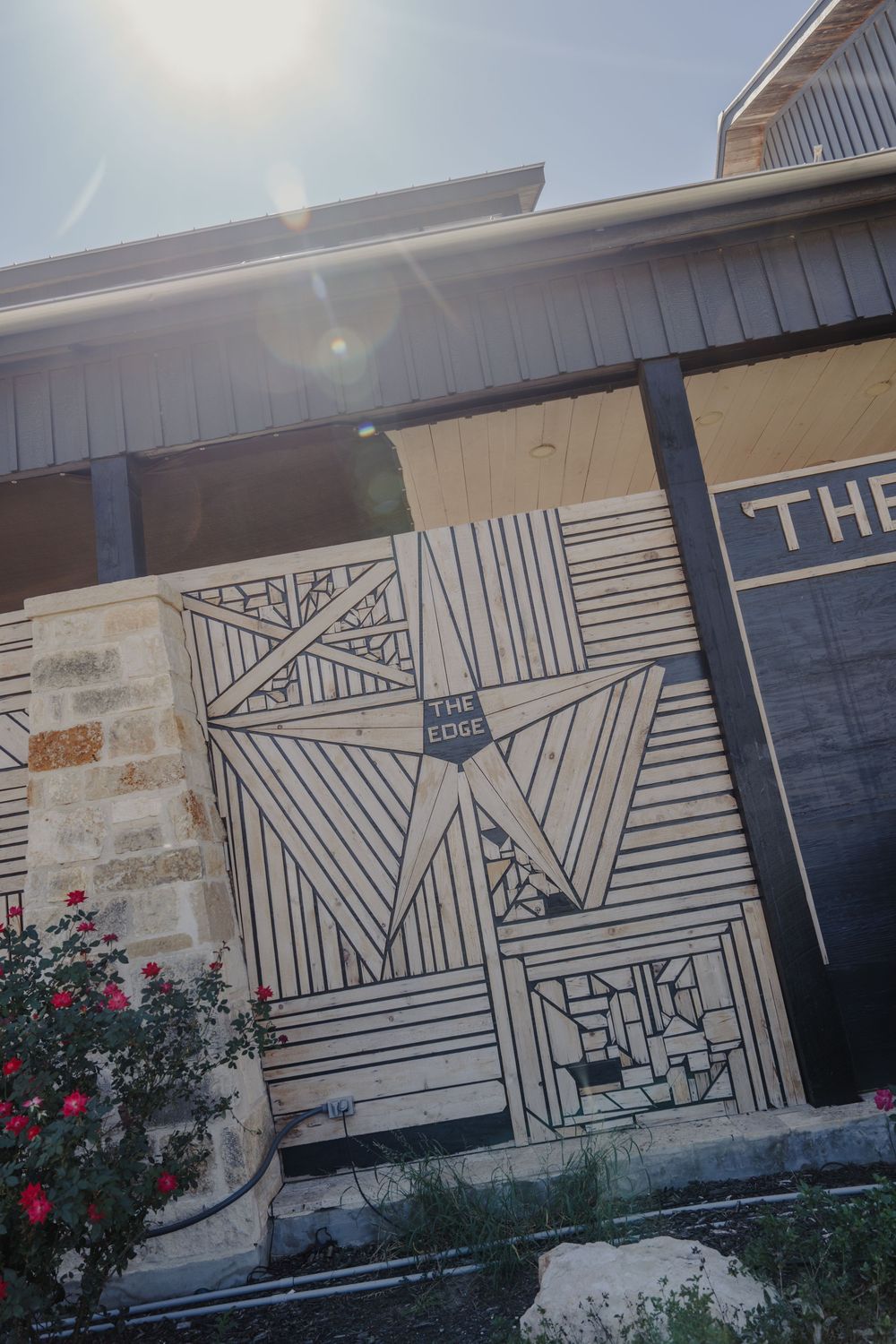 Contemporary geometric wall art mural in black and white with red flowers in foreground.
