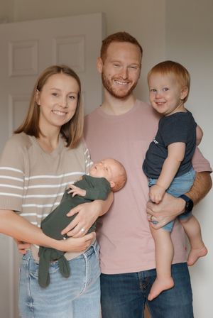 Family photo sequence showing joyful moments with a baby against a white wall.
