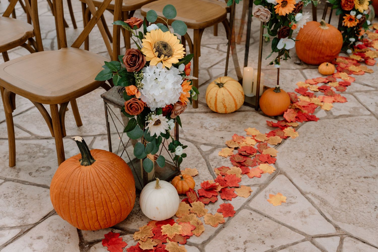 Autumn wedding decor with pumpkins, sunflowers and fallen leaves along wooden chairs.