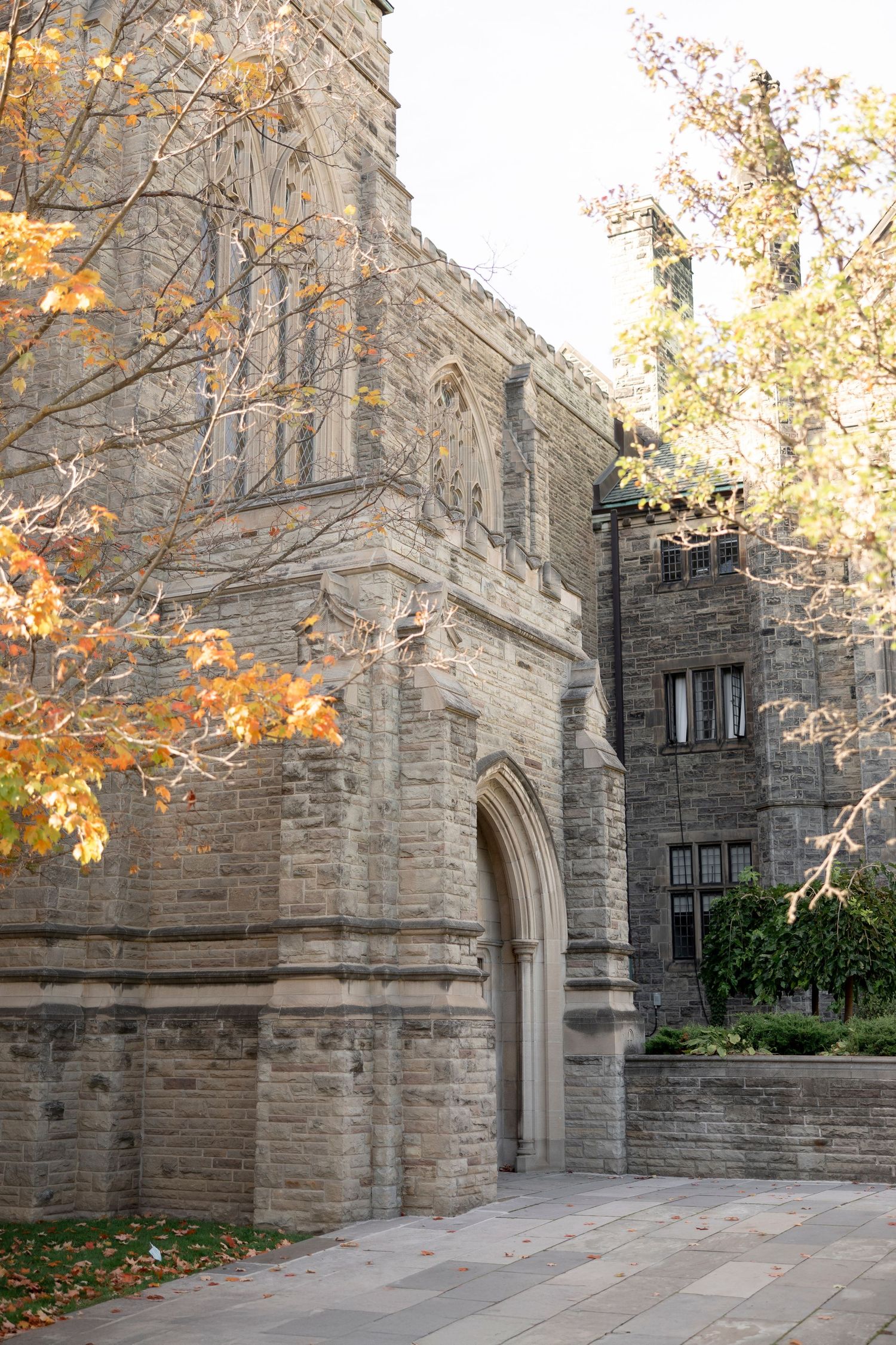 Fall foliage frames gothic stone archway and architecture of historic building.
