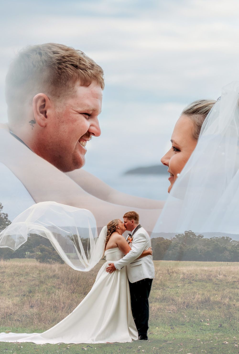 Wedding couple portrait with creative double exposure effect in outdoor field setting.