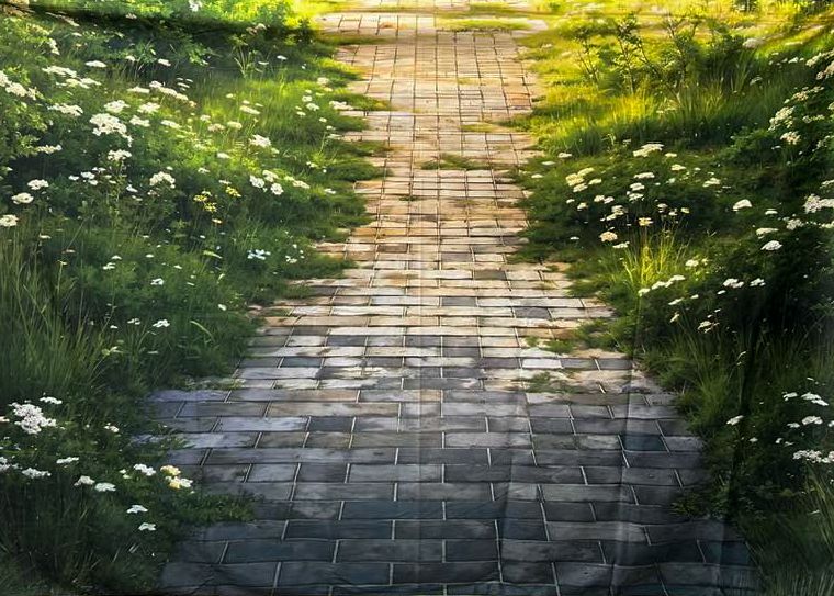 Brick pathway lined with blooming white daisies and lush green vegetation.