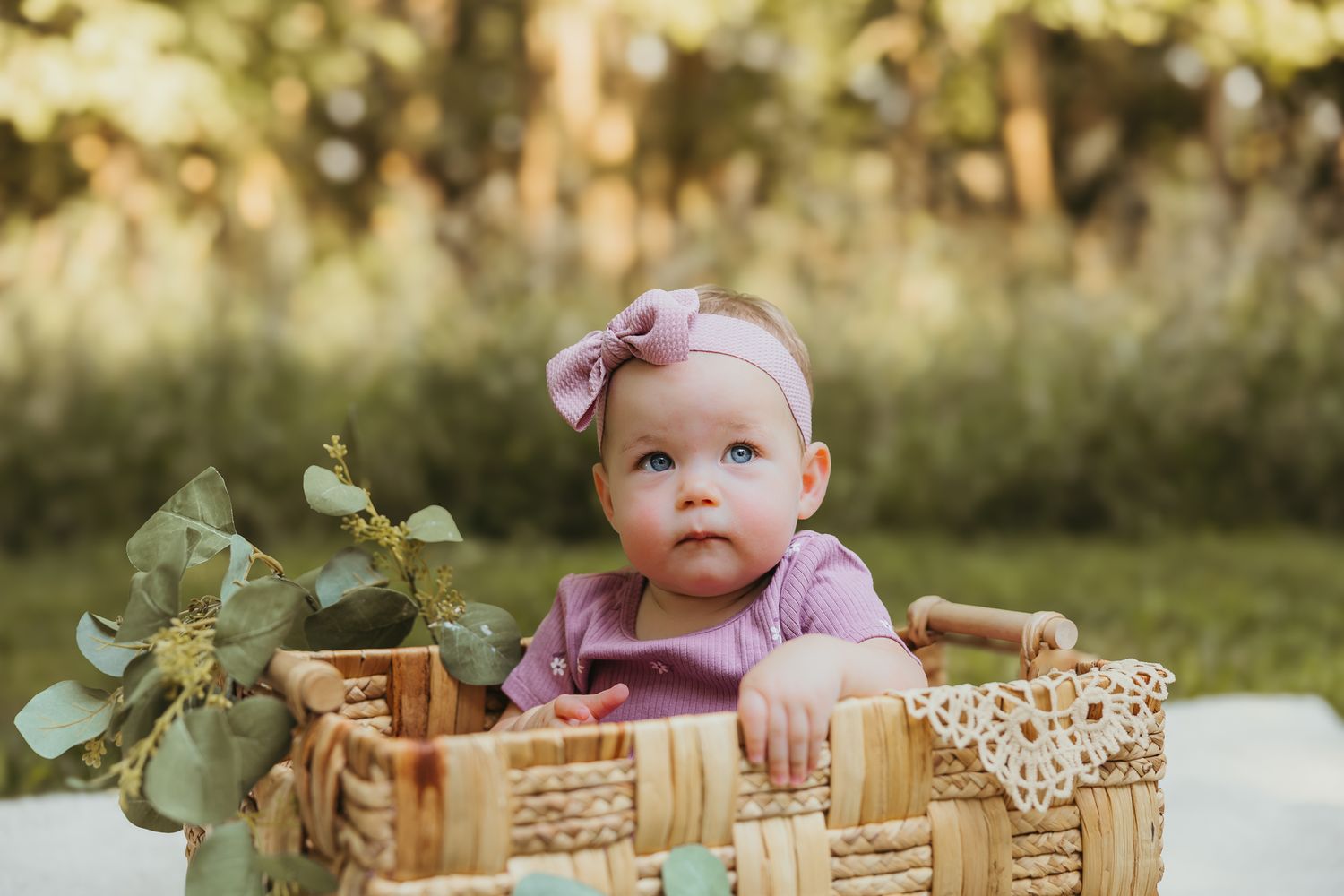 Vintage-style wicker basket decorated with delicate lace and green foliage in natural setting. Colorado Springs Photographer.