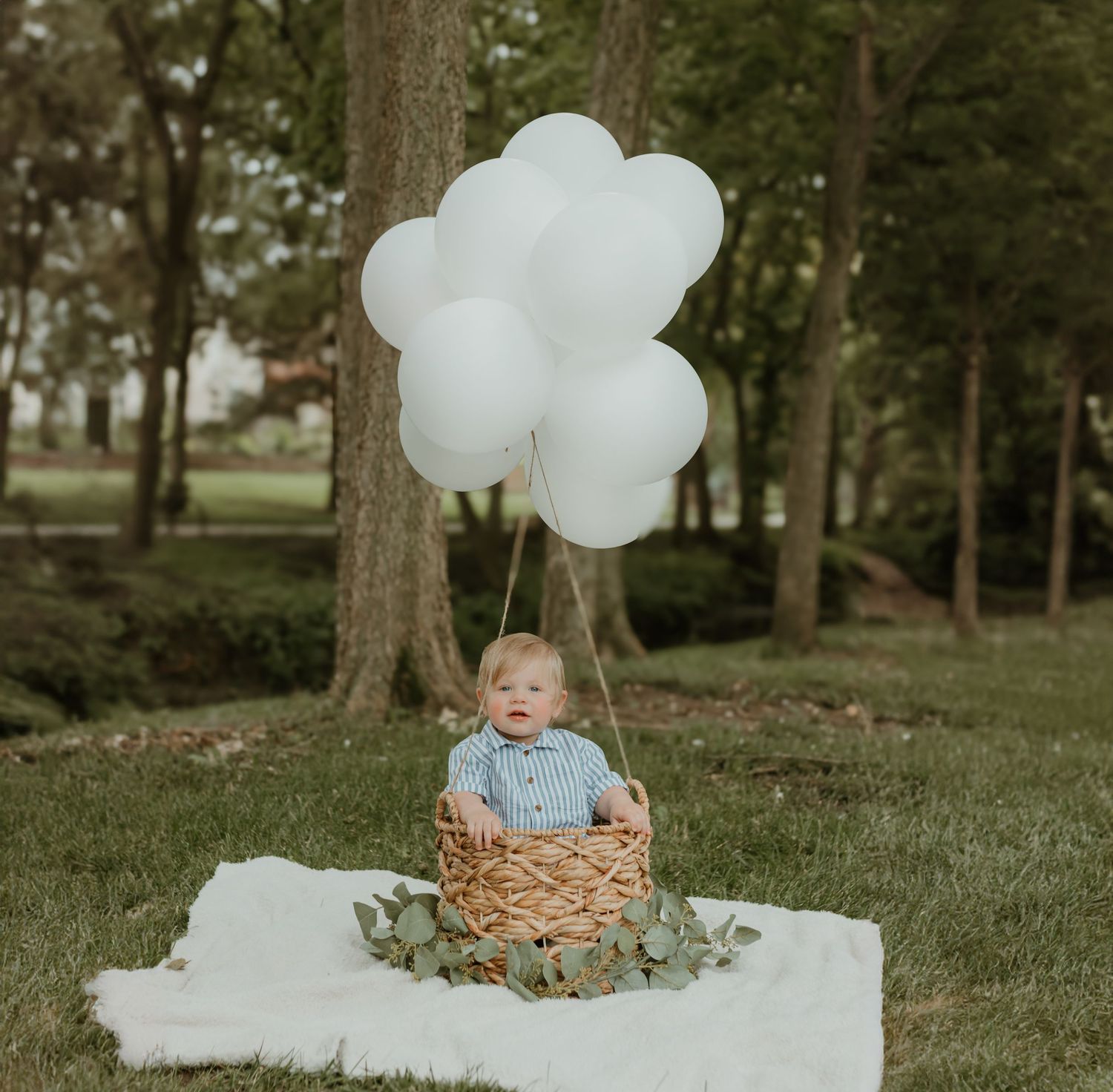 White balloons float above a wicker basket set on white fabric in a wooded setting. Colorado Springs Photographer.