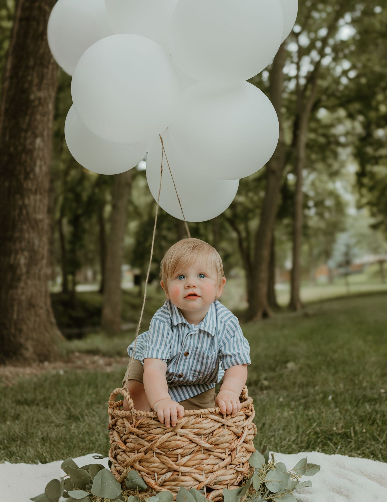 White balloons float above a woven basket on a blanket in a peaceful wooded setting. Colorado Springs Photographer.