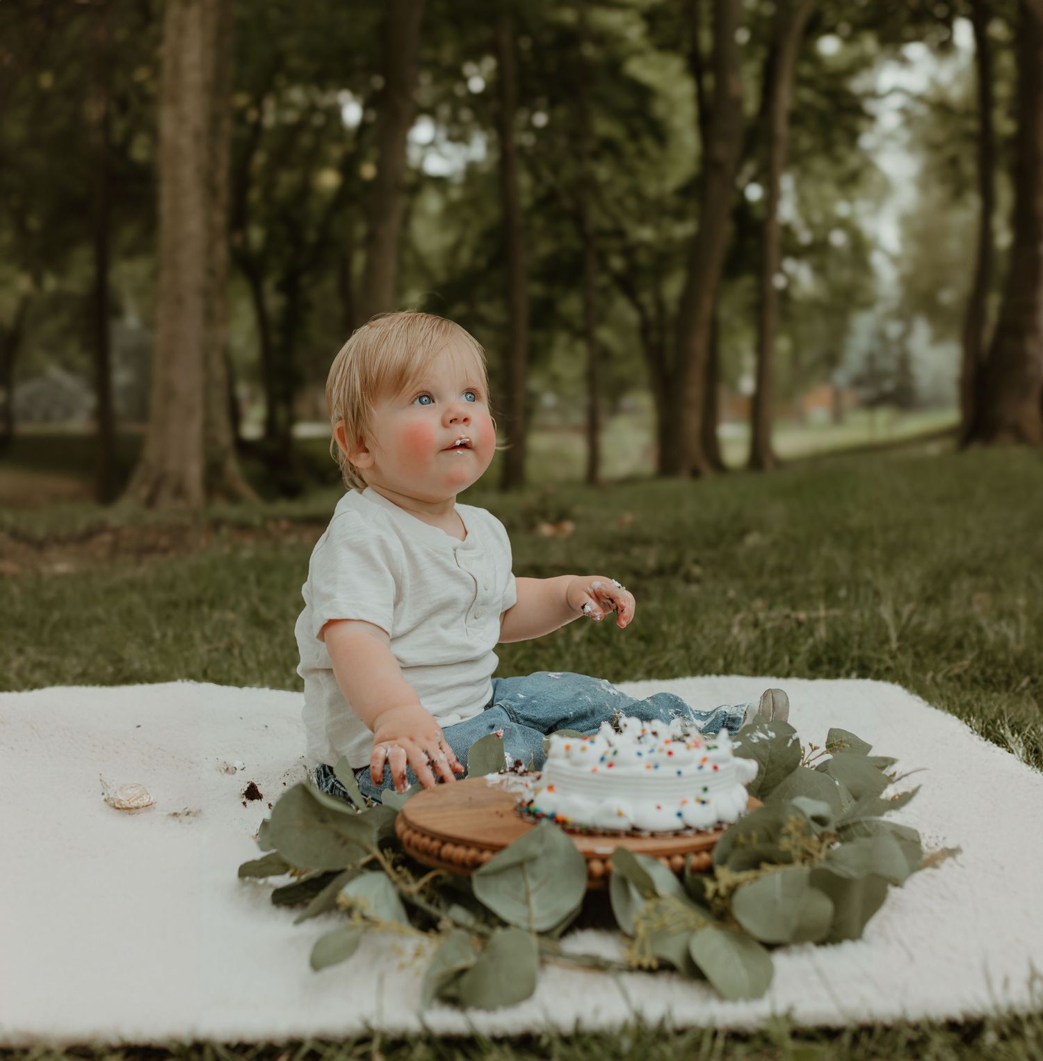 A first birthday cake setup outdoors with eucalyptus leaves on a white blanket.Colorado Springs Photographer