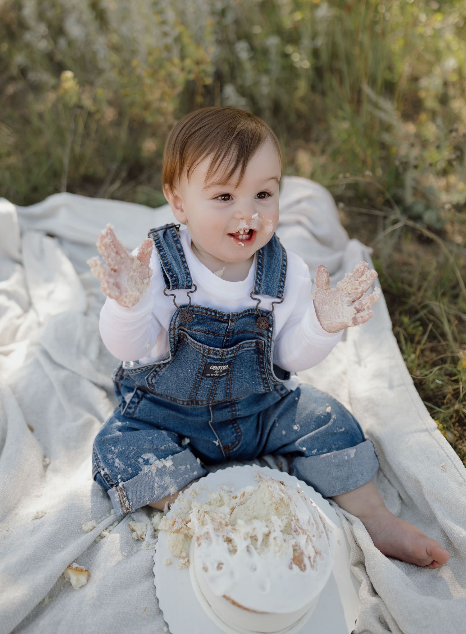 A series of photos showing a baby in denim overalls having a cake smash photo session on a white blanket outdoors.