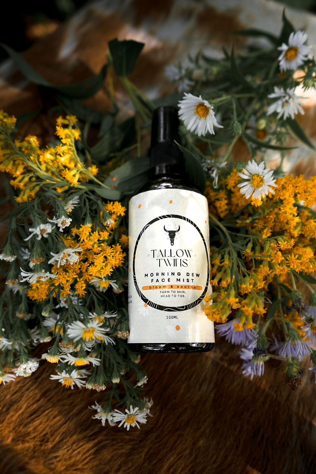 Tallow Tales product bottle surrounded by fresh daisies and yellow wildflowers on wooden surface.