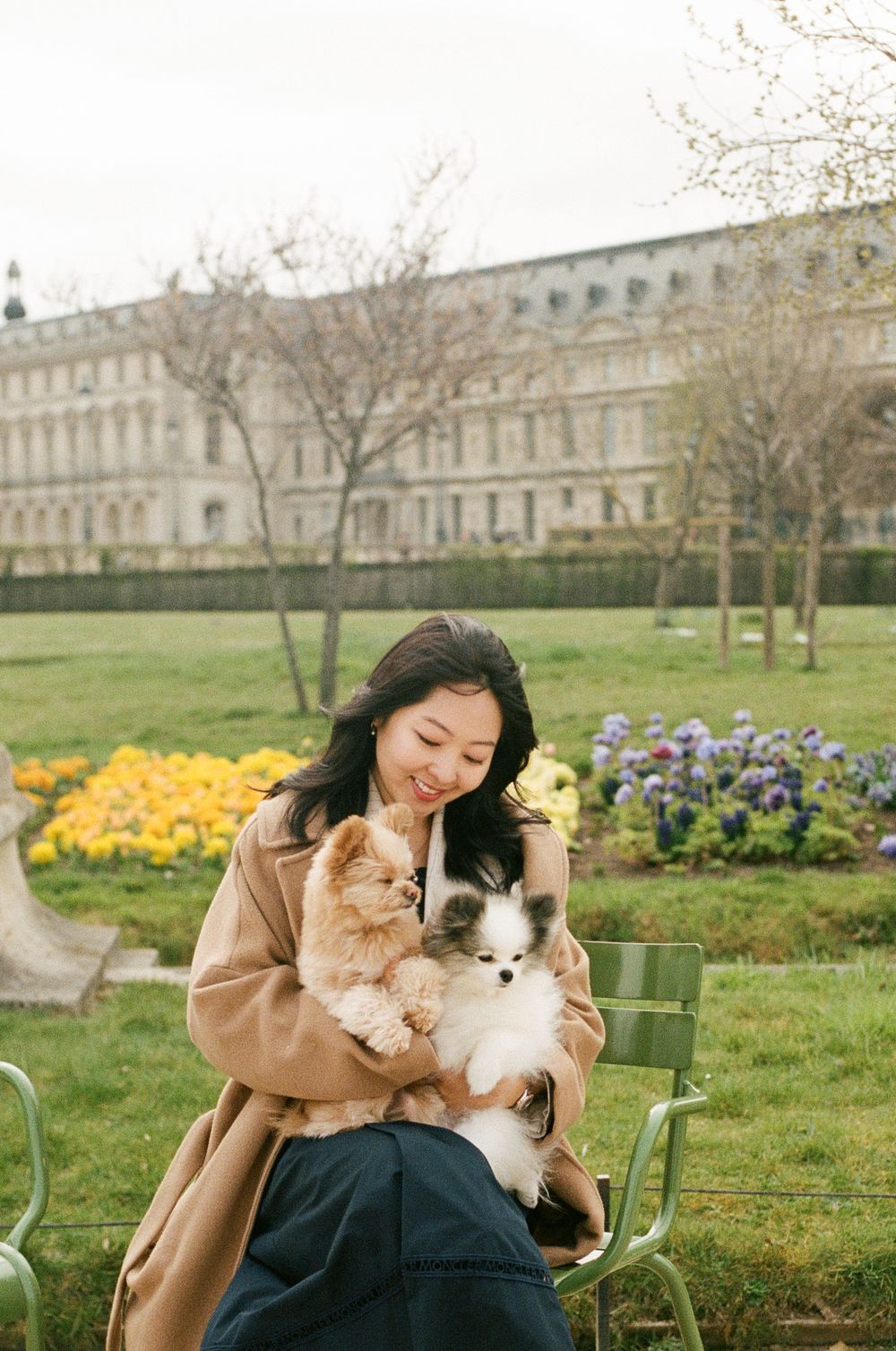 Young woman in beige coat sits on park bench with two small dogs surrounded by spring flowers and historic buildings.