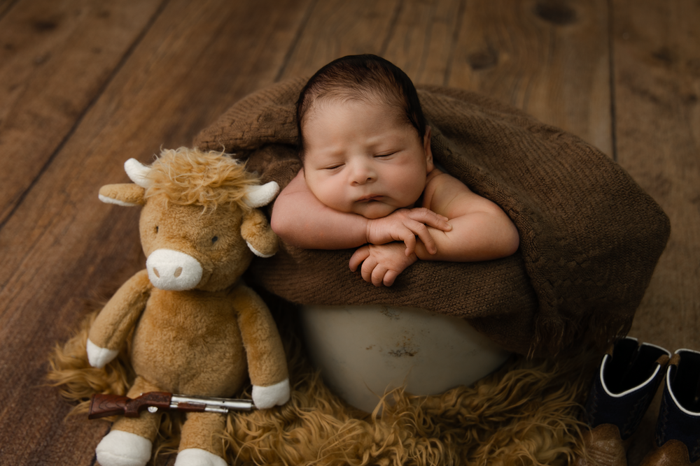 Sleeping newborn baby in burlap bowl with stuffed horse toy on rustic wood floor.