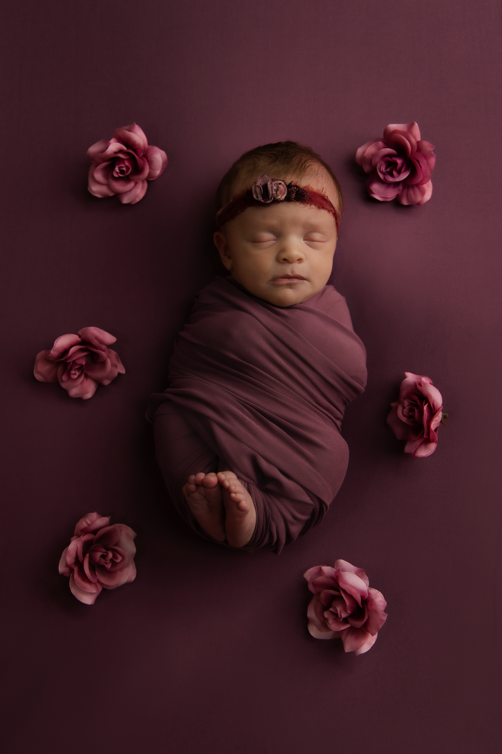 Sleeping newborn baby girl swaddled in mauve wrap with floral headband, surrounded by pink roses on burgundy background.