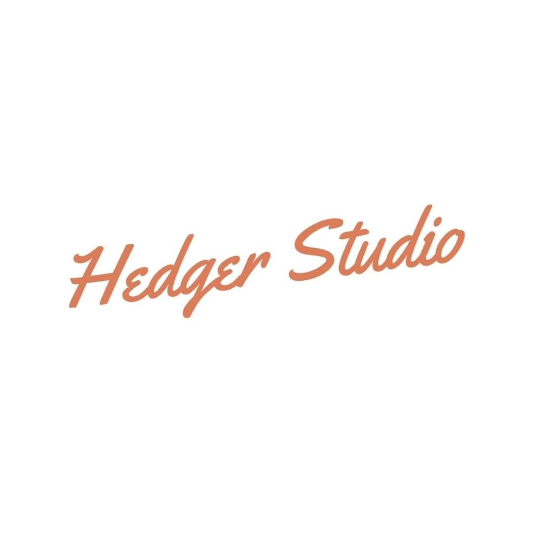 Hedger Studio logo in elegant rust-colored script font on white background.