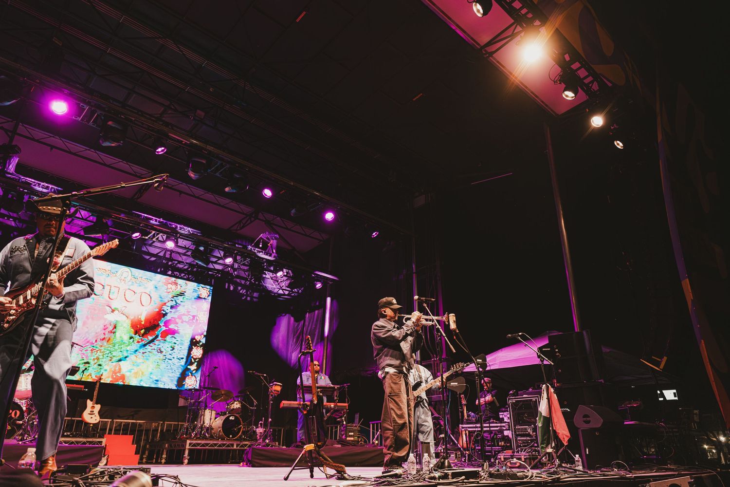 Concert performers on stage with purple lighting and crowd silhouettes during a live music performance.