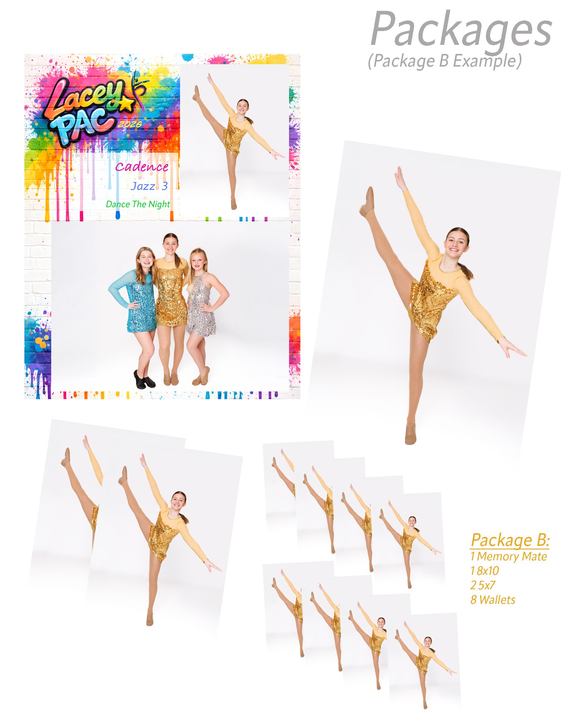 Dance photo package layout showing multiple poses of a performer in a gold leotard against white backgrounds.