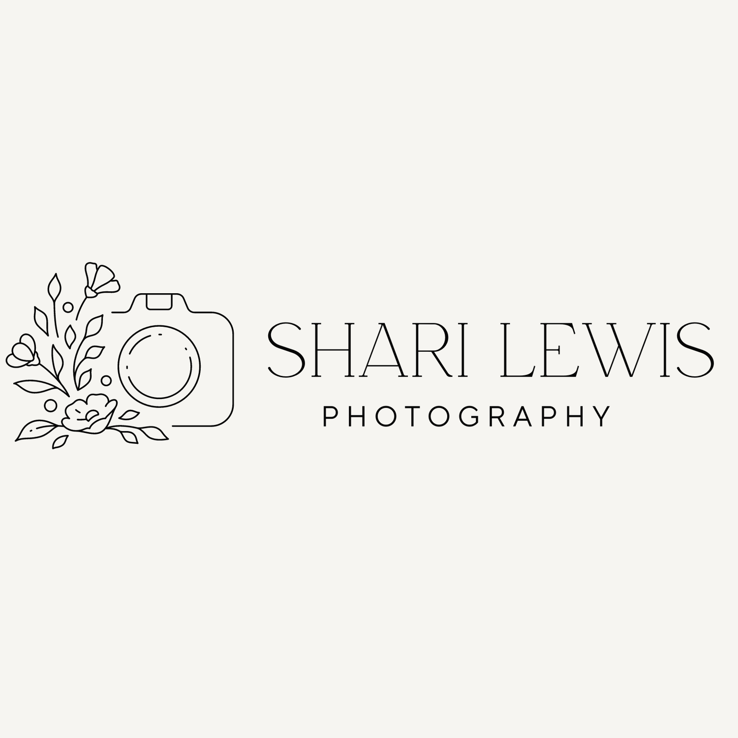 Elegant photography business logo design with floral accents and text "Shari Lewis Photography" in black and white.