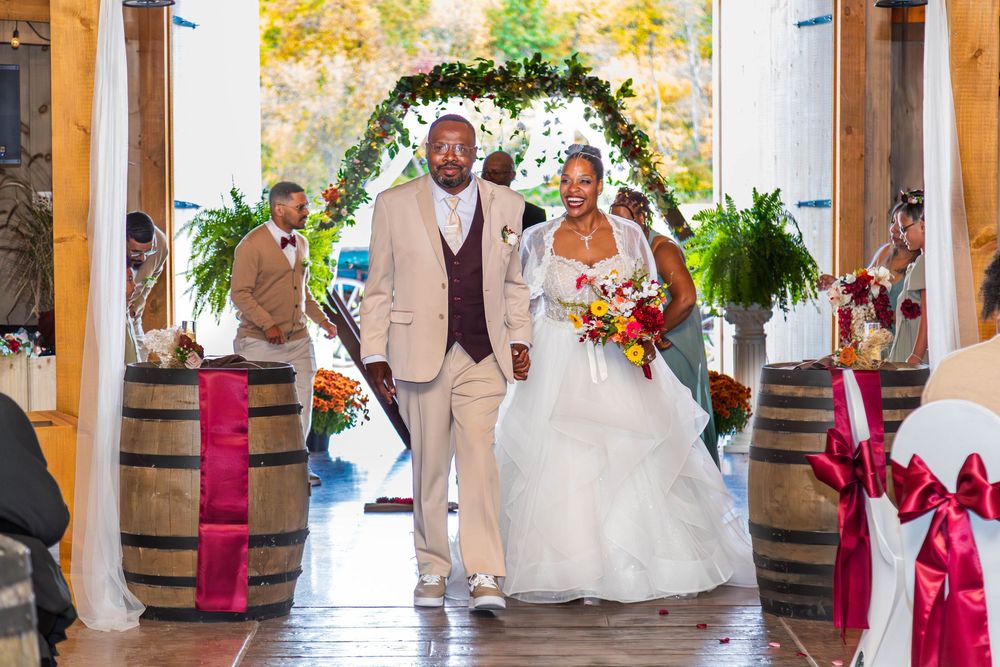 Wedding celebration collage showing couples dancing and embracing during reception in an elegant venue with autumn colors.