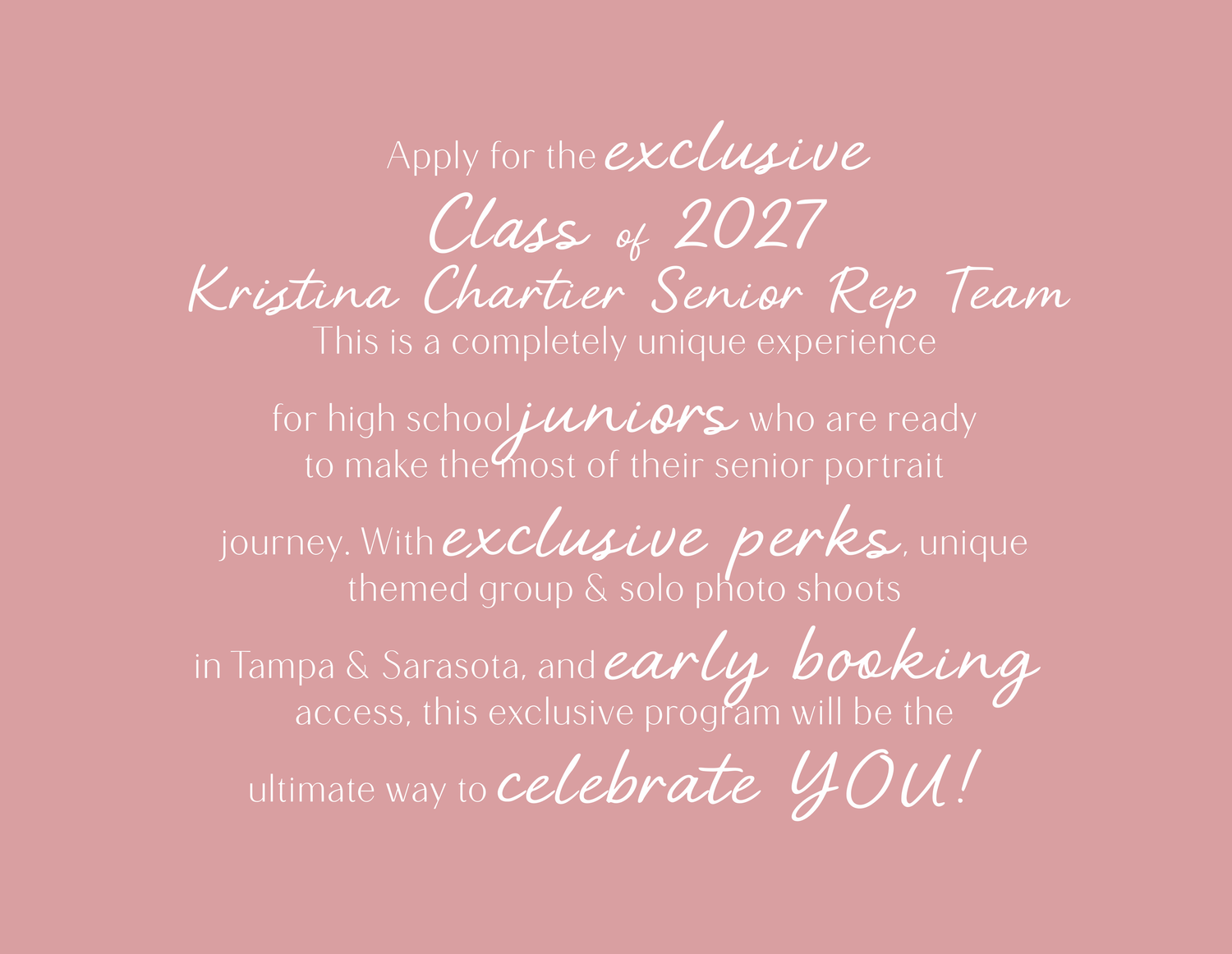 Pink banner design with elegant white text advertising exclusive senior photo sessions for Class of 2027.