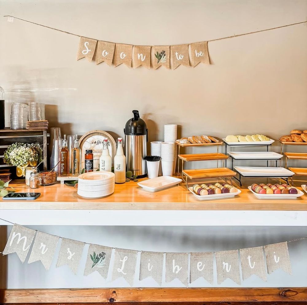 Bridal shower coffee and pastry station with Soon to be Mrs banner and burlap bunting decor.
