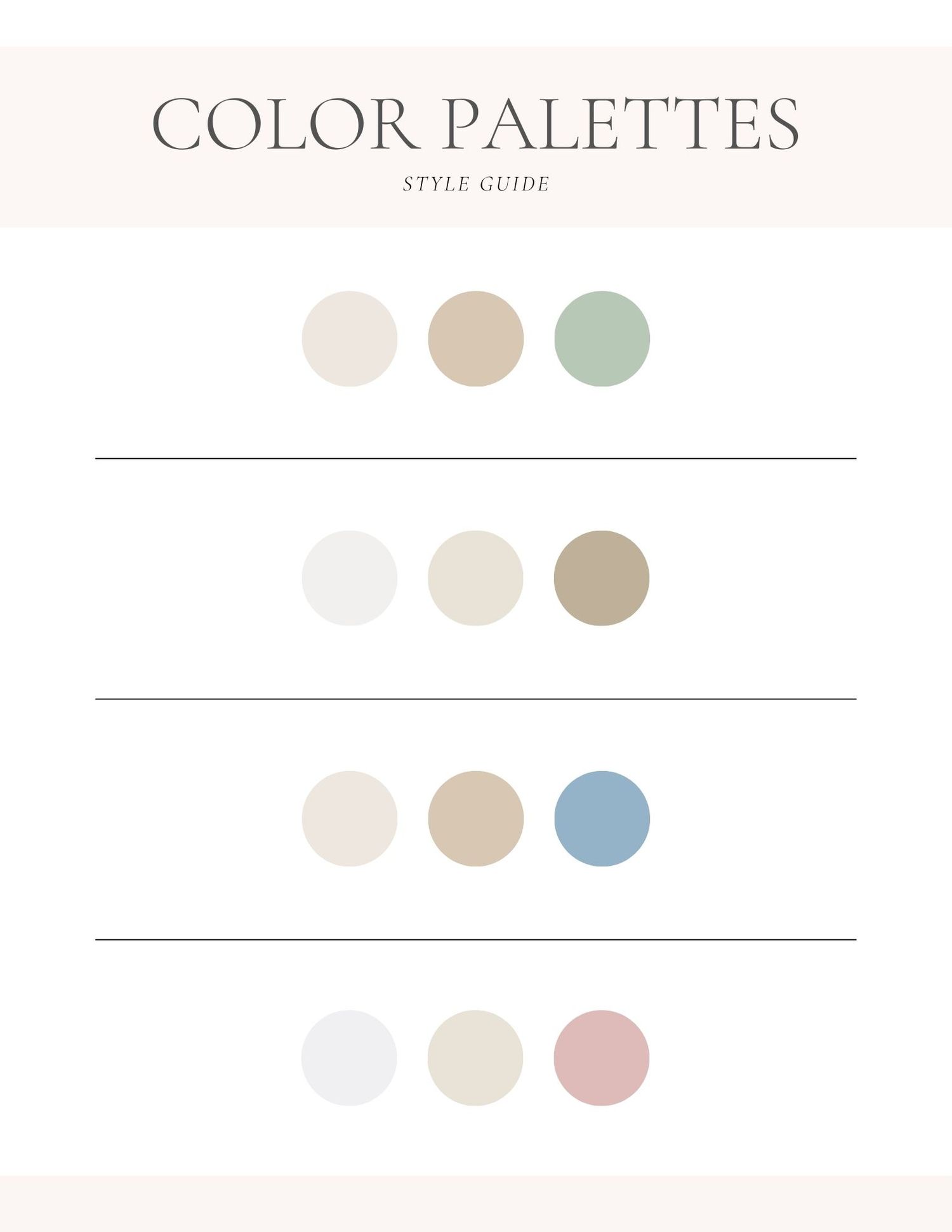 A minimalist style guide showing soft color palettes with muted tones of beige, sage green, and blue arranged in circular dots.
