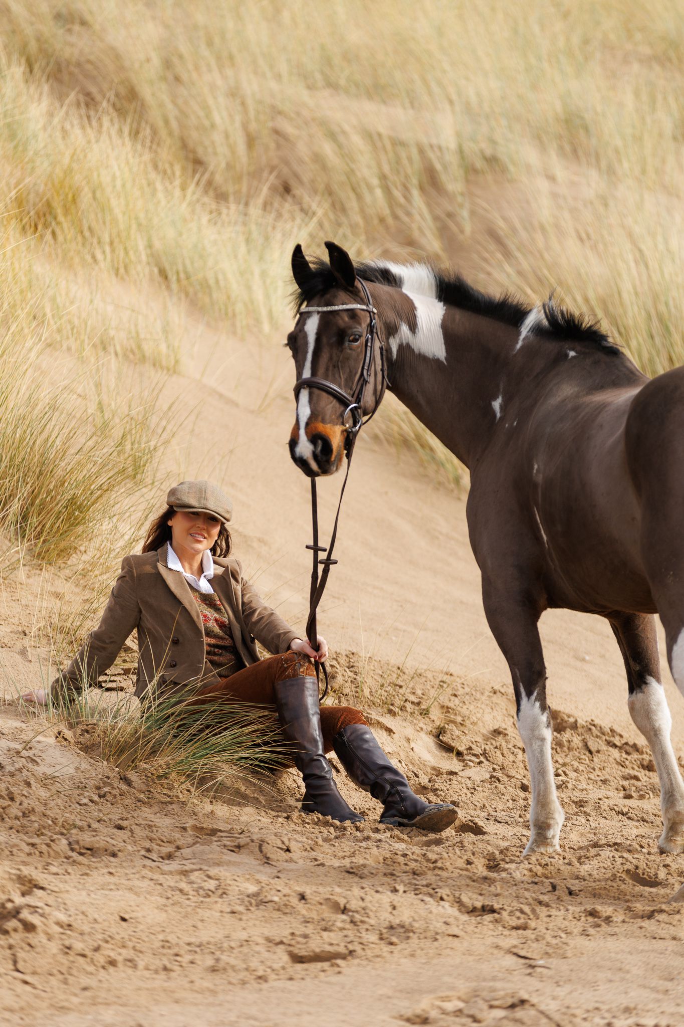 A series of photos showing a person in a white polka dot shirt with a black horse in a golden autumn field.