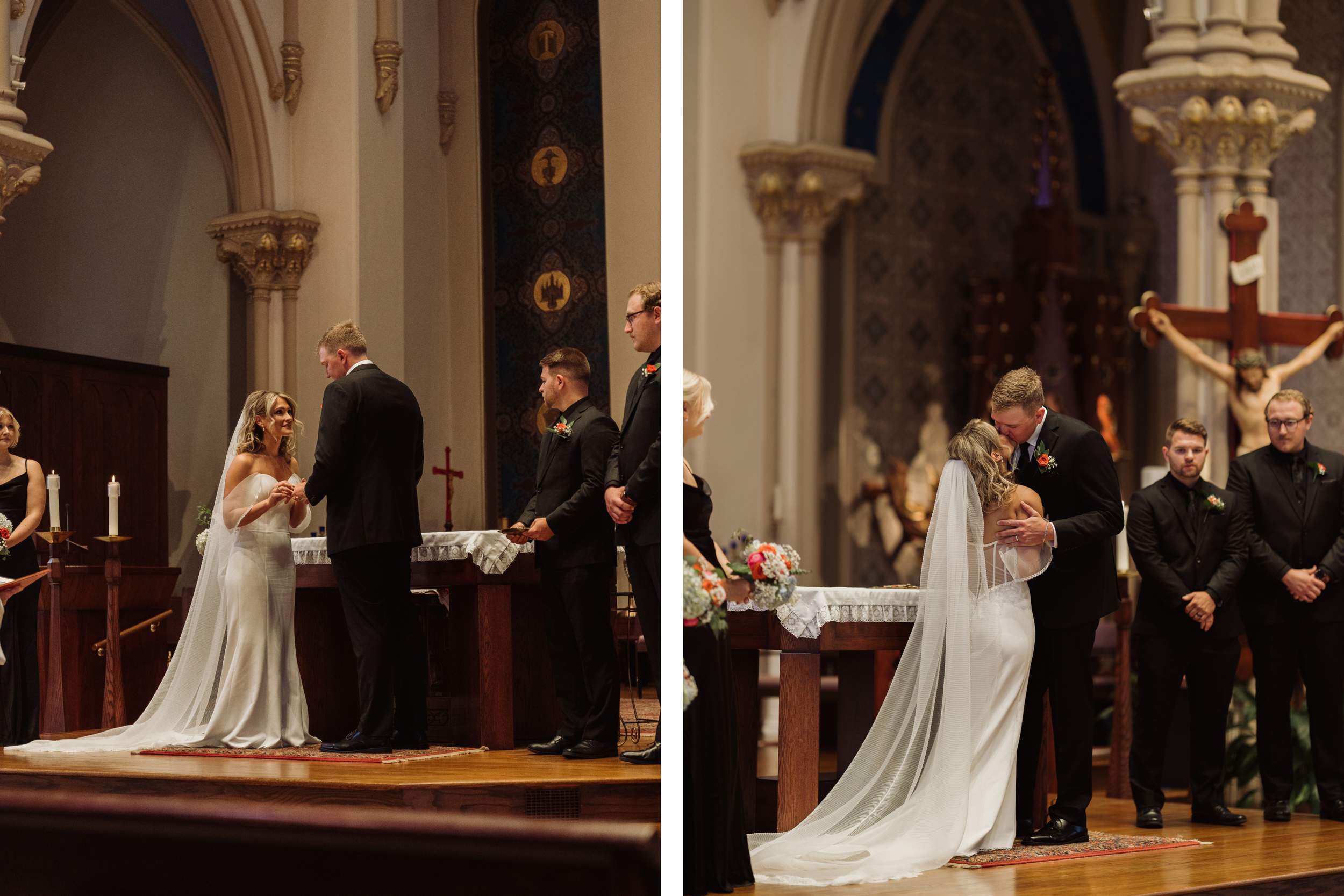 Bride and groom exchanging vows during church ceremony in Auburn NY